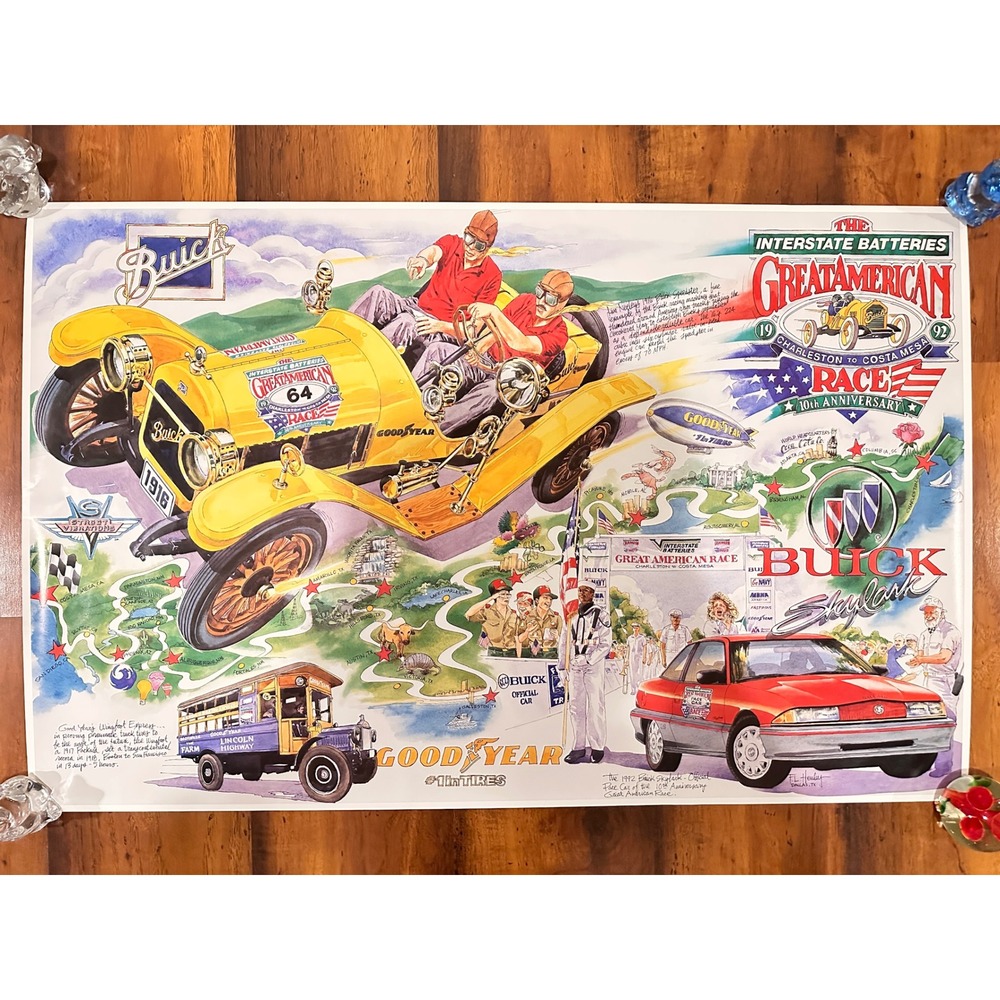 Buick Great American Race Poster Unisex 24x36 Multicolor Excellent‎ 1992 Vintage